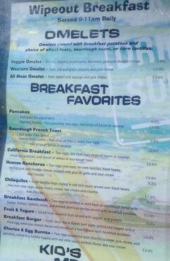 Menüpunkte in einem Restaurant in den USA, Frühstücksmenü in San Francisco