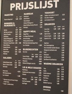 Lebensmittelpreise in Amsterdam in den Niederlanden, Preise bei McDonalds