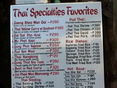 Philippines, Bohol, Prix des aliments, Menu de la cuisine thaïlandaise dans un café